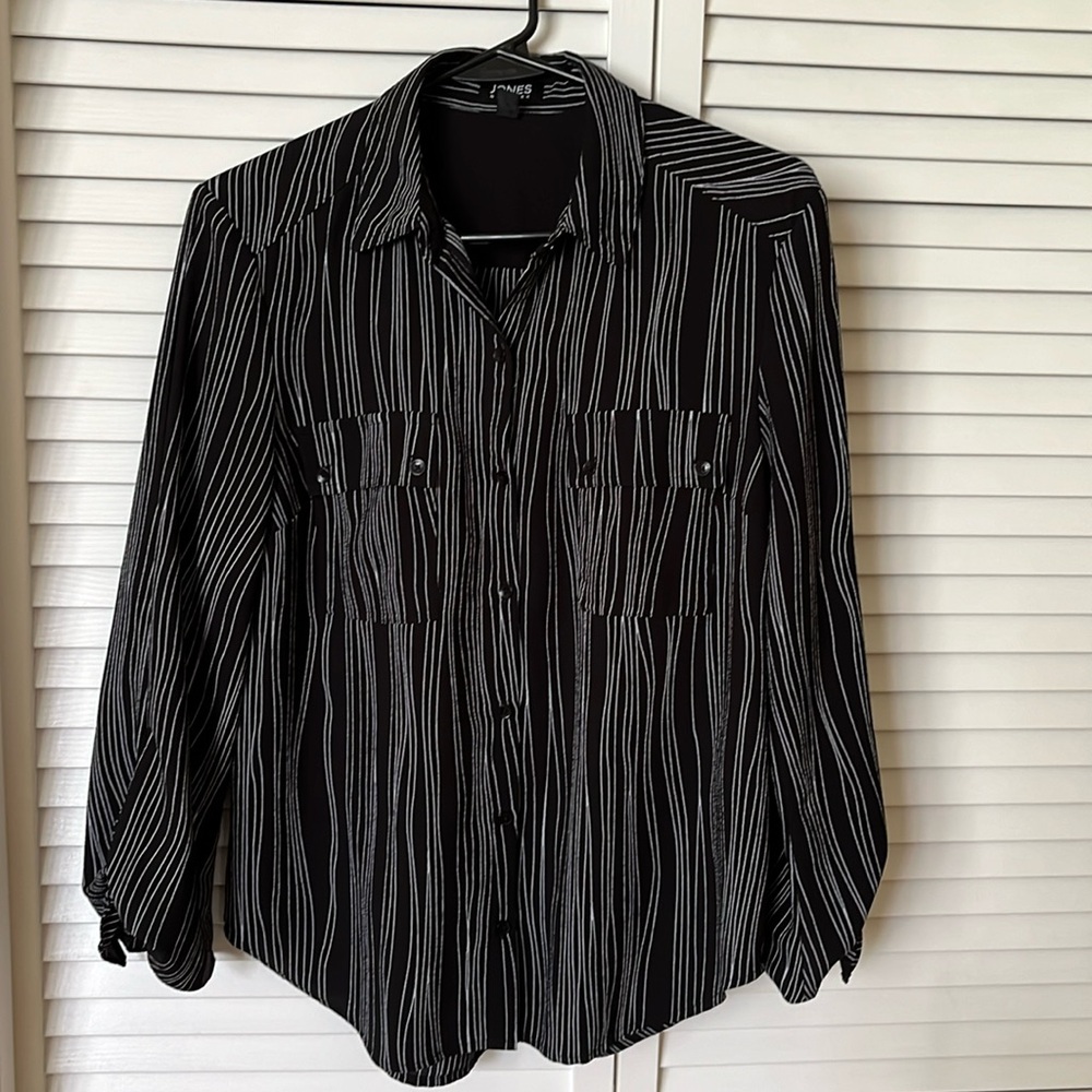 Jones of New York Womens Black White Striped 3/4 Length Sleeve Shirt